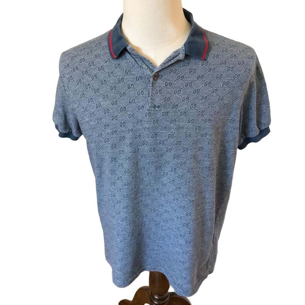 Gucci GG Monogram Polo Shirt Size XL Blue Cotton Made In Italy